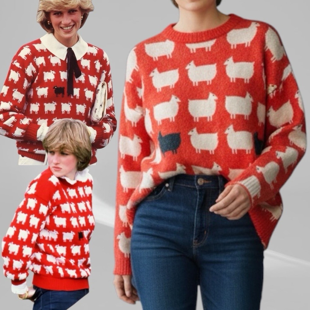 RARE Princess‎ Diana Inspired Red Black Sheep Sweater Size Small 80s Jumper Icon